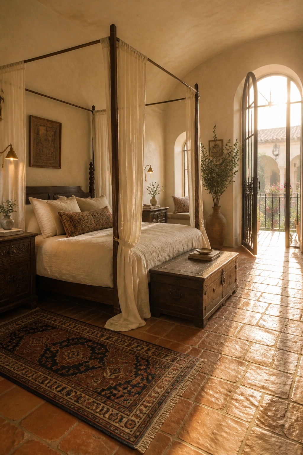 A bedroom with a dark wood four-poster bed draped in sheer white curtains, a patterned rug on terracotta tiles, and an open door leading to a courtyard.