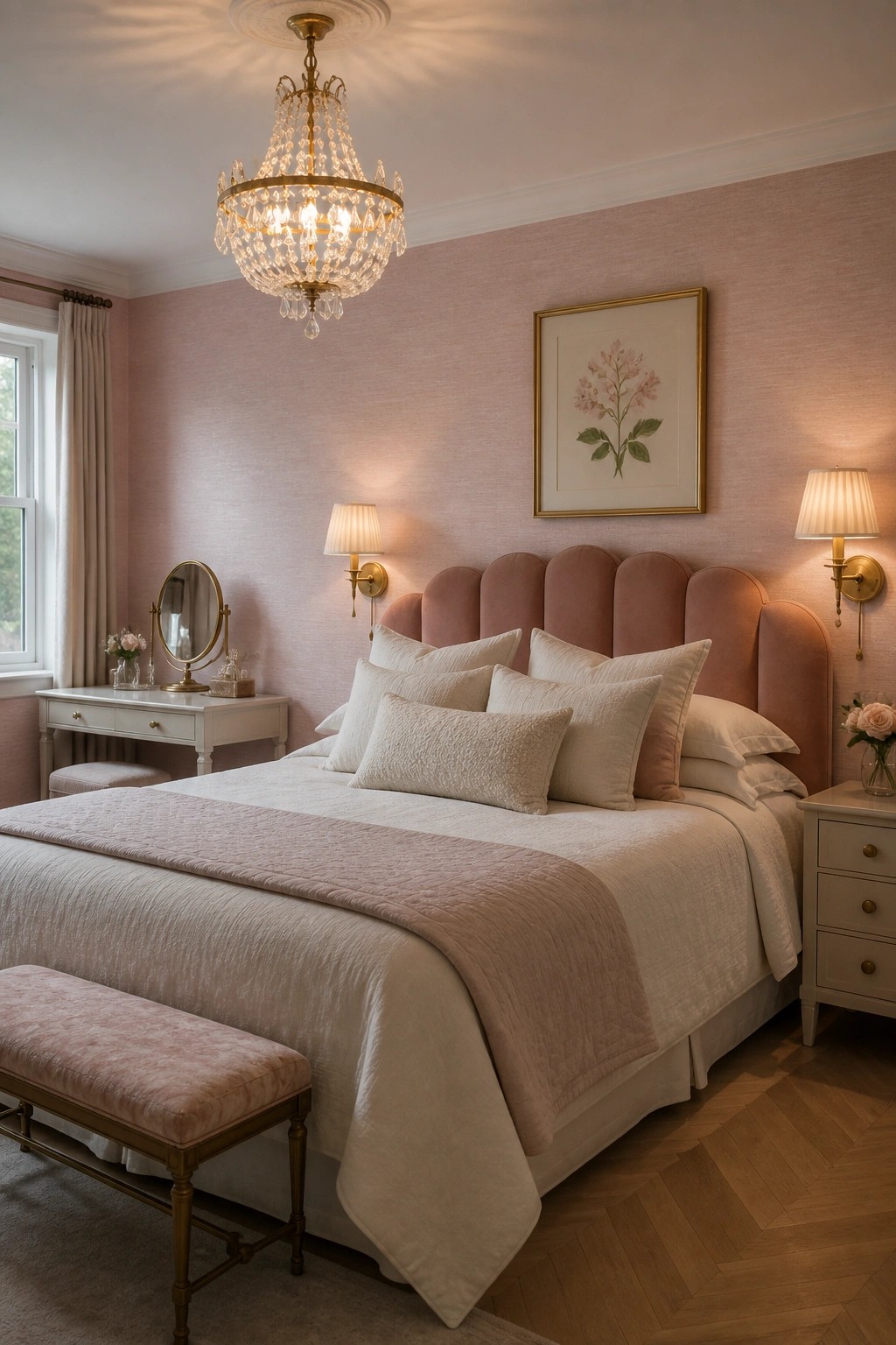 Elegant blush pink bedroom with velvet headboard, crystal chandelier, and floral art.
