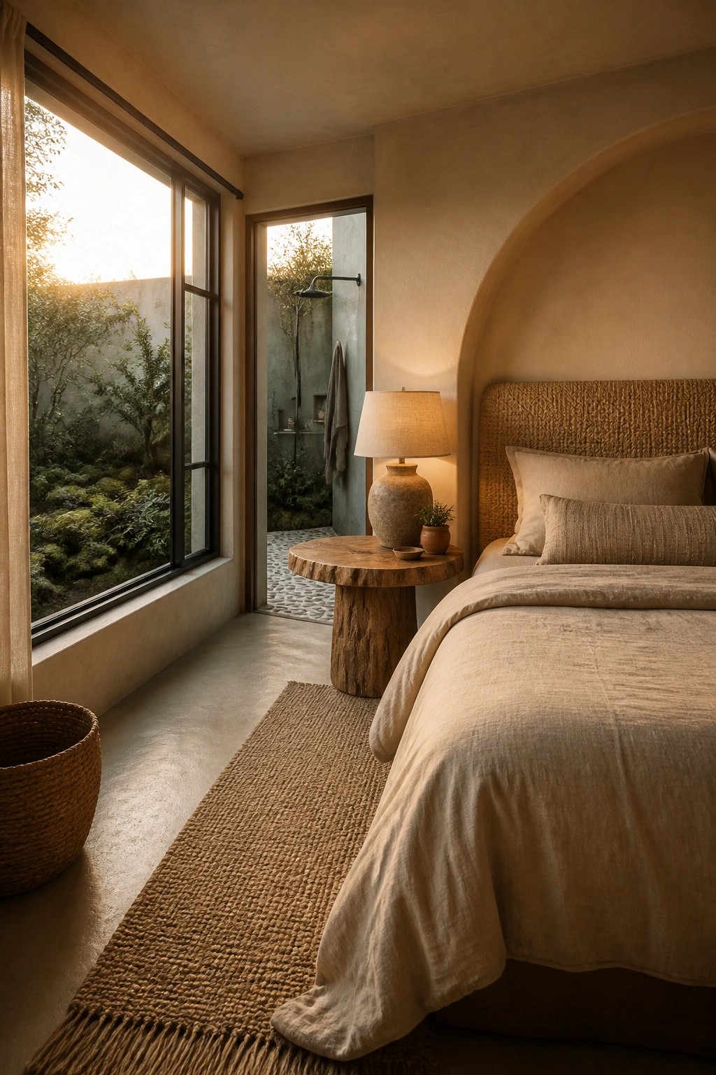 Minimalist bedroom with neutral linens, wooden nightstand, woven rug, and open outdoor shower.