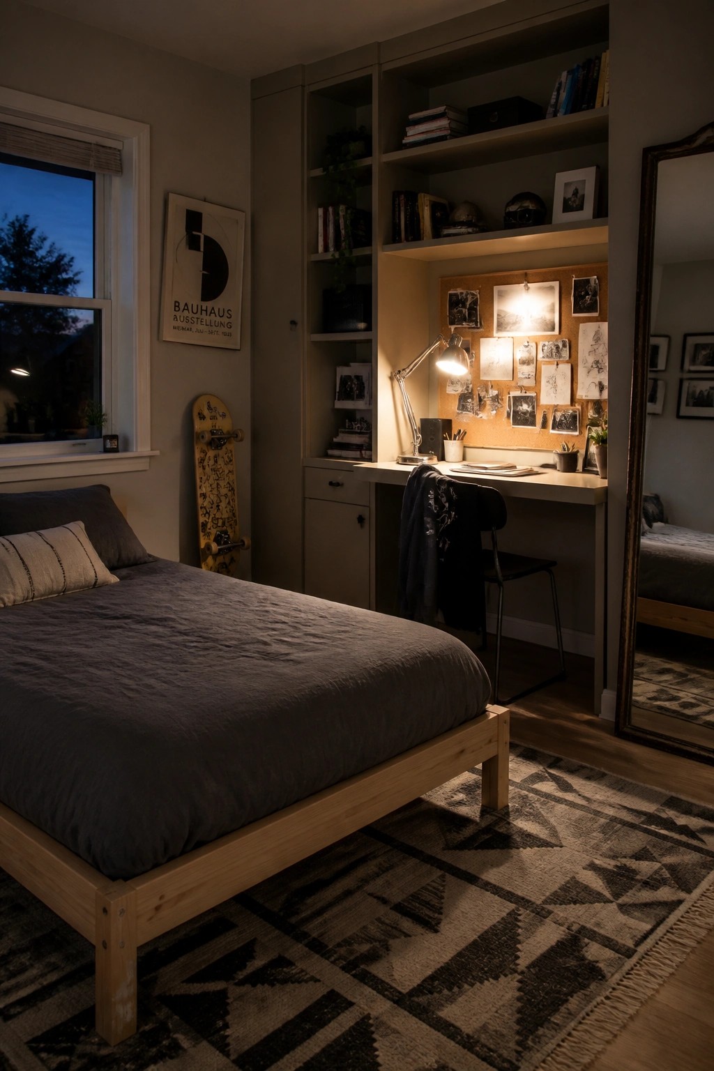 A bedroom interior showing a low wooden bed on a patterned rug, a built-in desk with shelves above it, a lit desk lamp, a corkboard with photos, and a large mirror on the right wall.