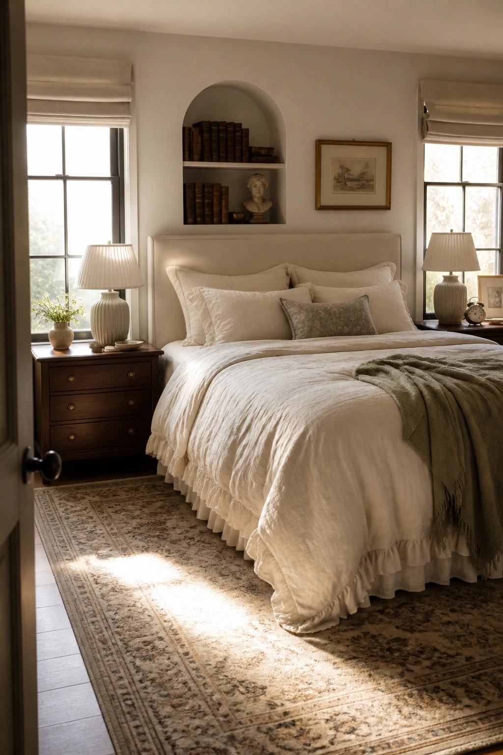 A neutral bedroom with a bed dressed in white ruffled linens, two wooden nightstands with lamps, and an arched niche above the headboard holding books and a small bust.
