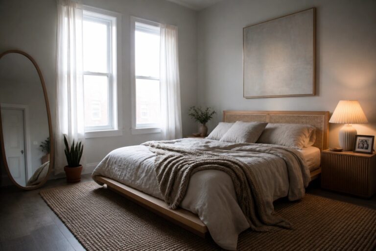 20 Polished Relaxing Bedroom Ideas That Make Neutral Spaces Feel Finished A bedroom with a low wooden bed dressed in layered beige linens, a woven rug on the floor, and a large abstract painting above the headboard.