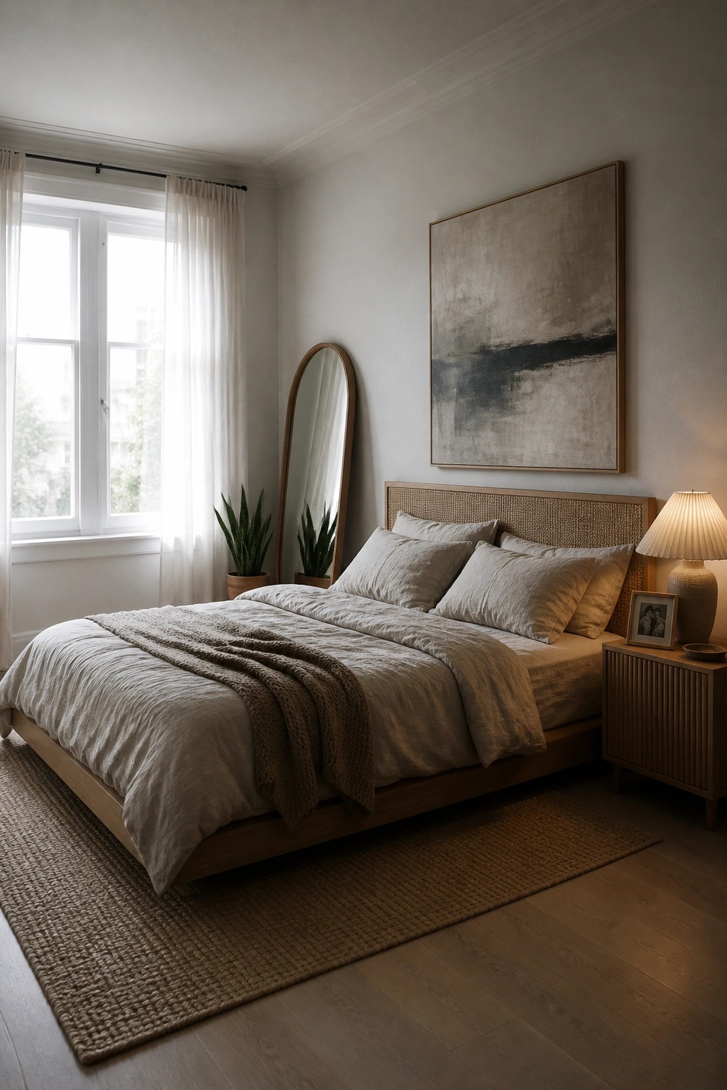 A bedroom with a low wooden bed dressed in layered beige linens, a woven rug on the floor, and a large abstract painting above the headboard.