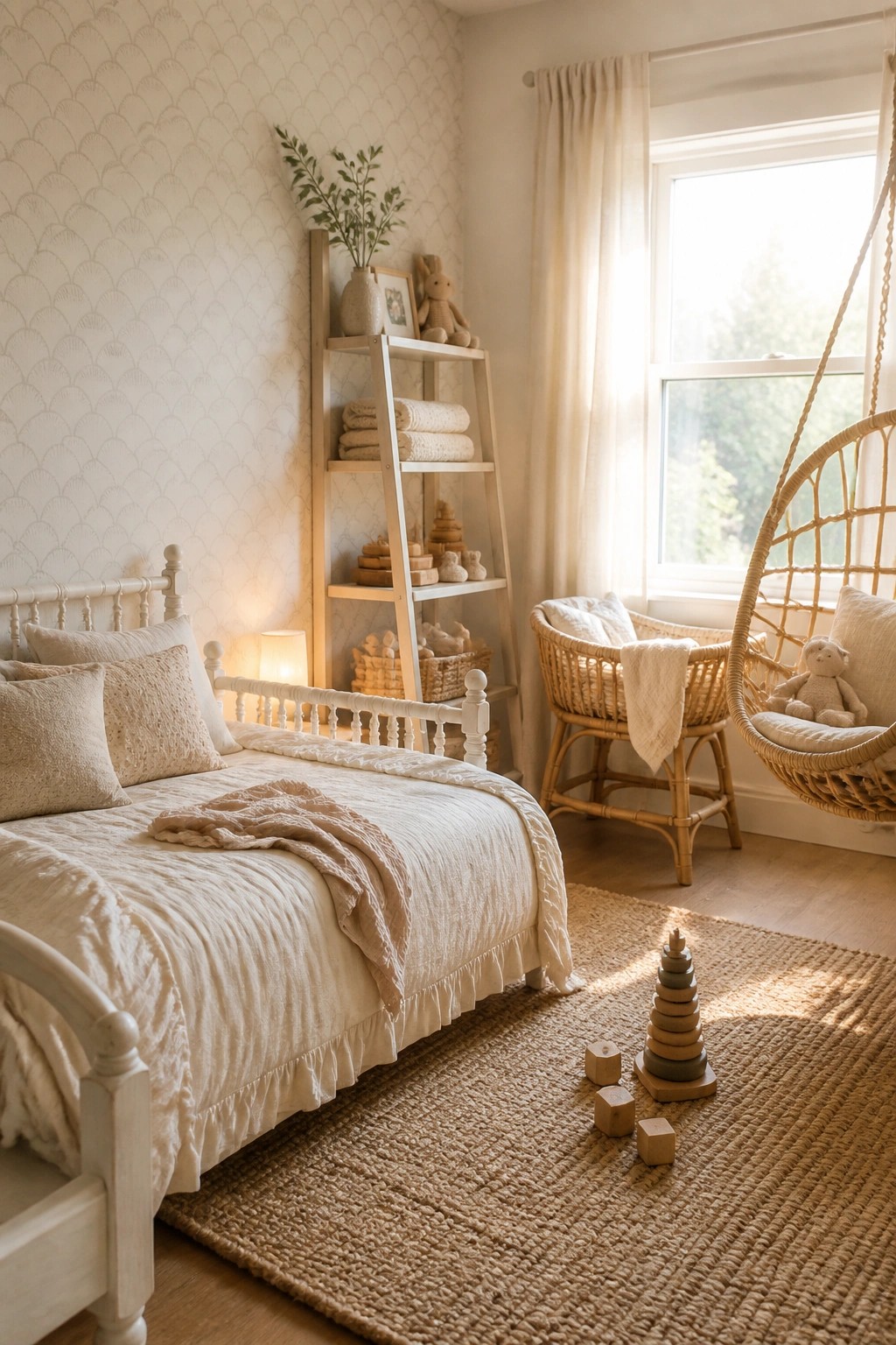 A bright neutral bedroom featuring a white bed with layered linens, a wooden ladder shelf, a hanging rattan chair, and a large woven rug on the floor.