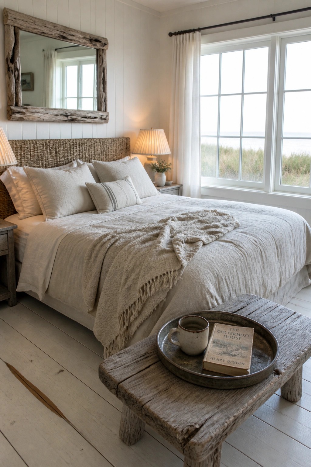 Serene coastal bedroom with white linens, woven headboard, ocean-view windows, and rustic bench.