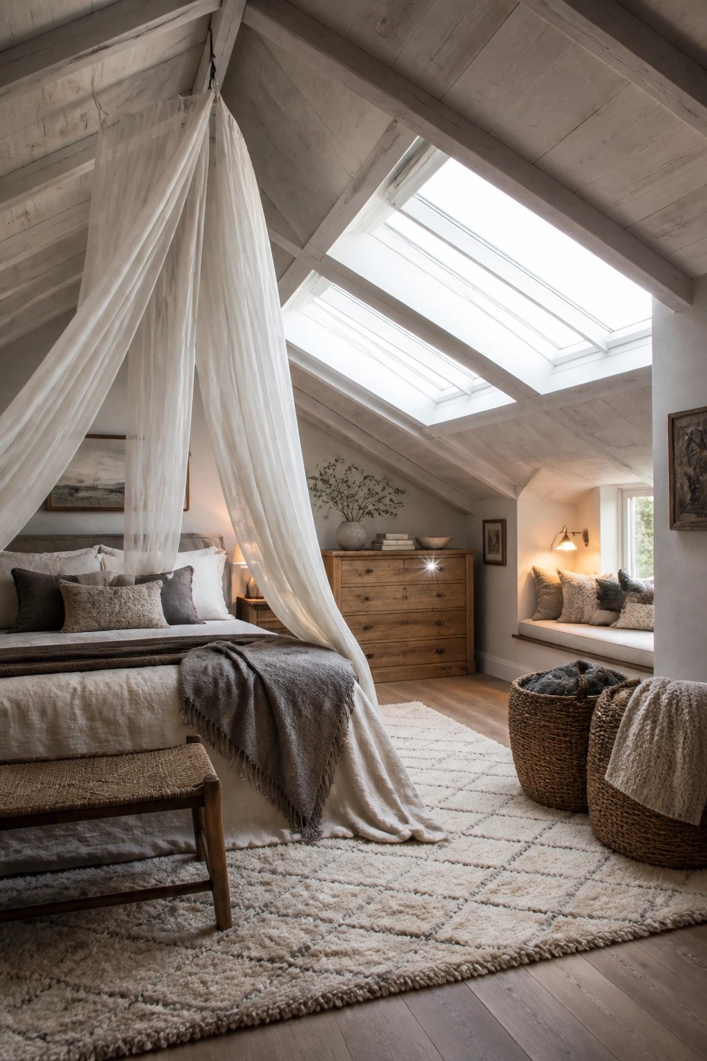 A bedroom with a bed draped in flowing white canopy fabric, wooden furniture, a large skylight, and woven baskets on a light rug.