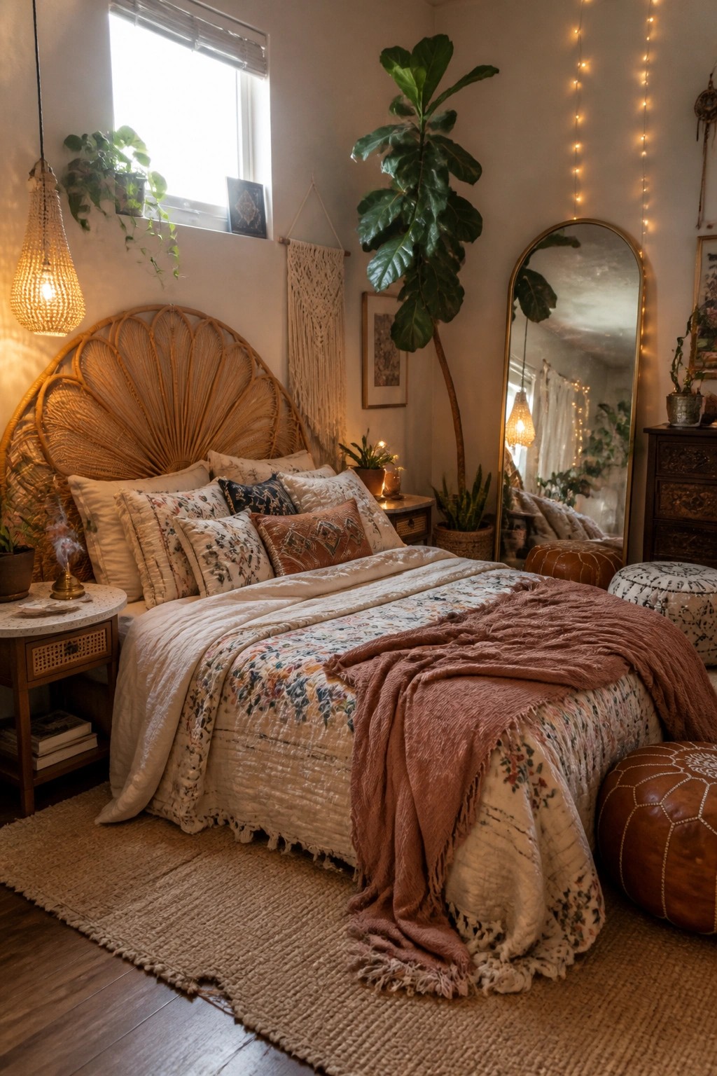 A bedroom with a large woven rattan headboard, layered bedding in neutral and floral patterns, a pink throw blanket, potted plants, and string lights along the wall.