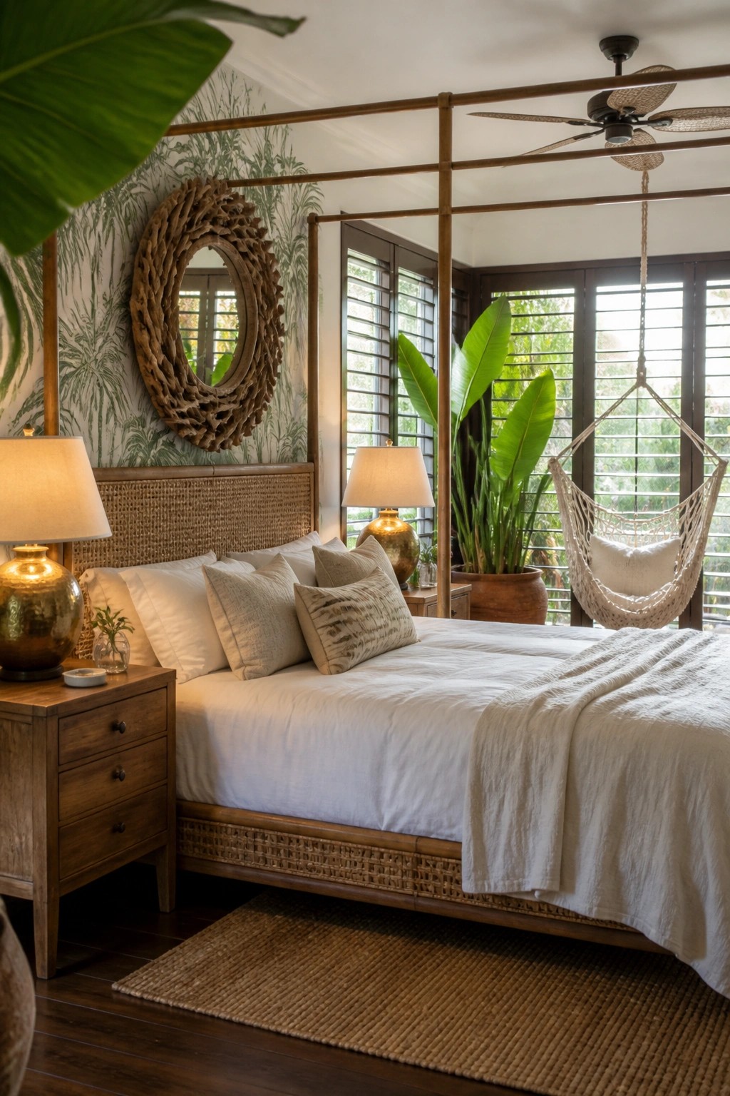 A bedroom with a wooden canopy bed dressed in white linens, a round woven mirror on the wall, potted plants, and a hanging macrame chair beside shuttered windows.