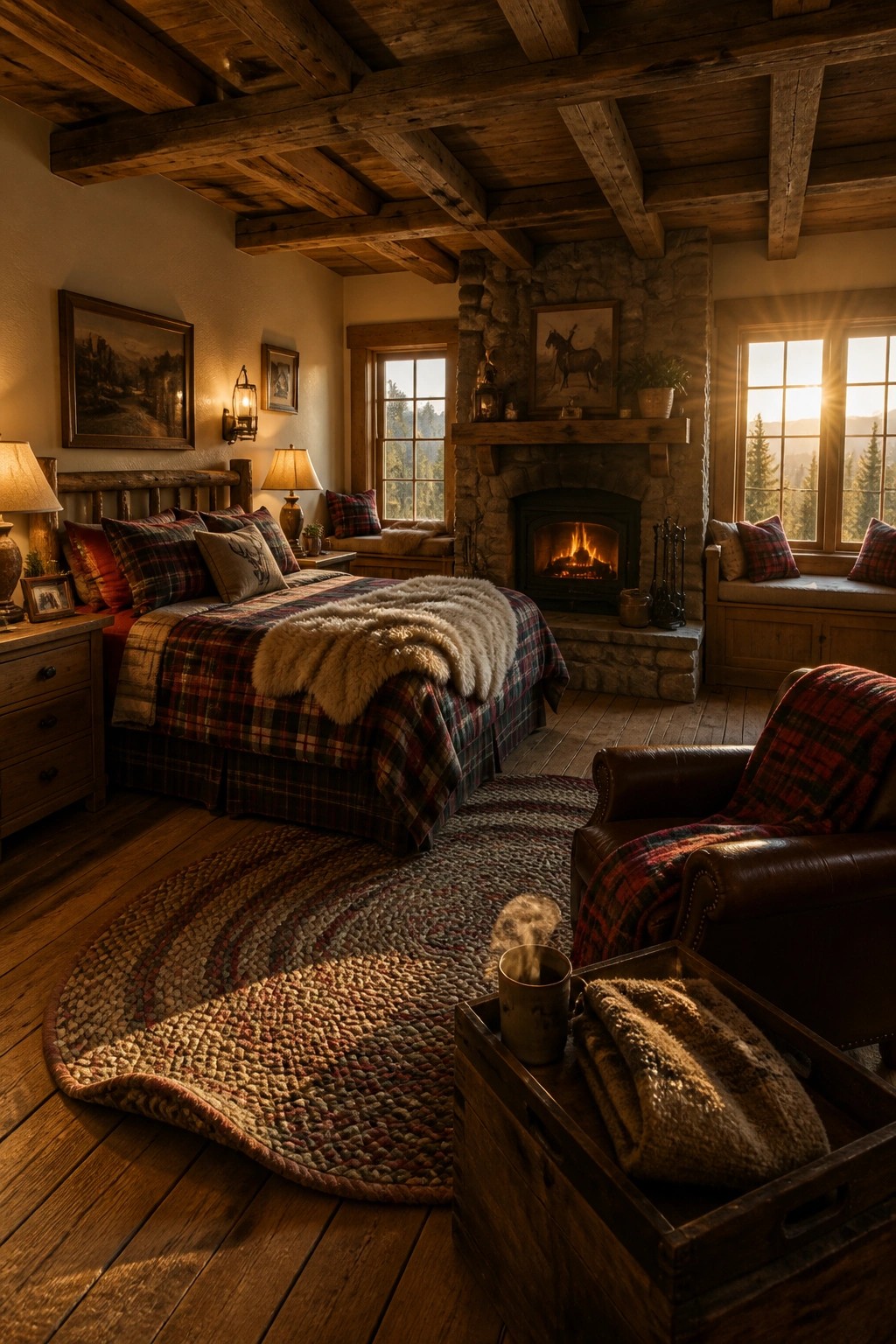 A rustic bedroom with a large stone fireplace, plaid bedding on a wooden bed, exposed ceiling beams, and sunlight streaming through windows.