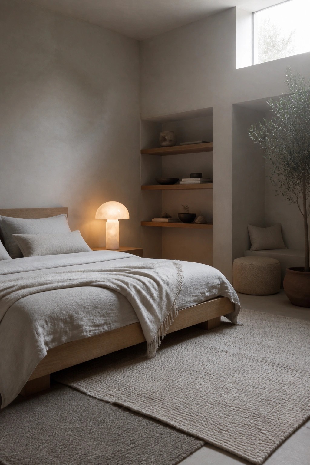 A minimalist bedroom with a low wooden bed, mushroom-shaped lamp on the nightstand, built-in wooden shelves in a recessed wall niche, textured rugs on the floor, and a potted tree near a window seat.