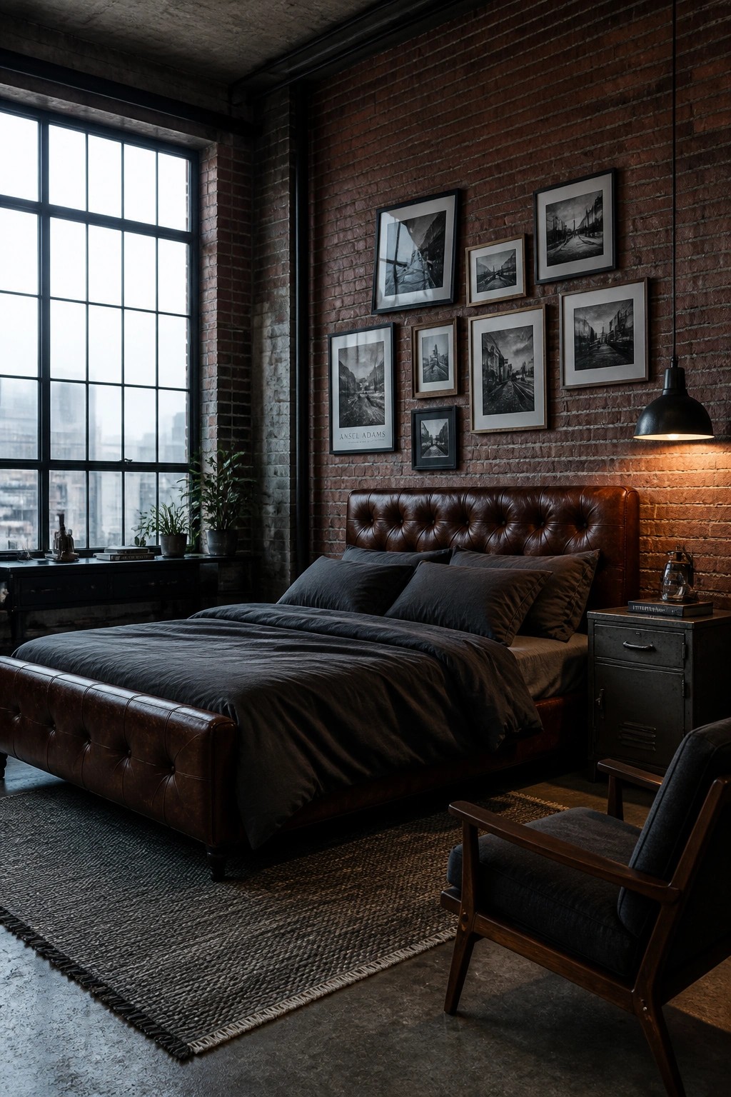 A bedroom featuring a large brown leather bed with dark gray bedding, set against a red brick wall with framed black and white photos, next to a large multi-pane window.