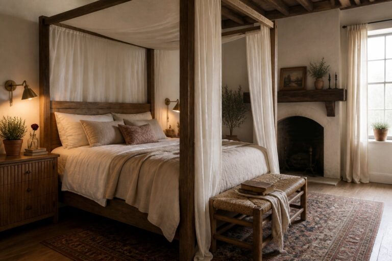 A bedroom with a wooden four-poster bed draped in sheer white curtains, layered white bedding, wall sconces, and a patterned rug on the floor.