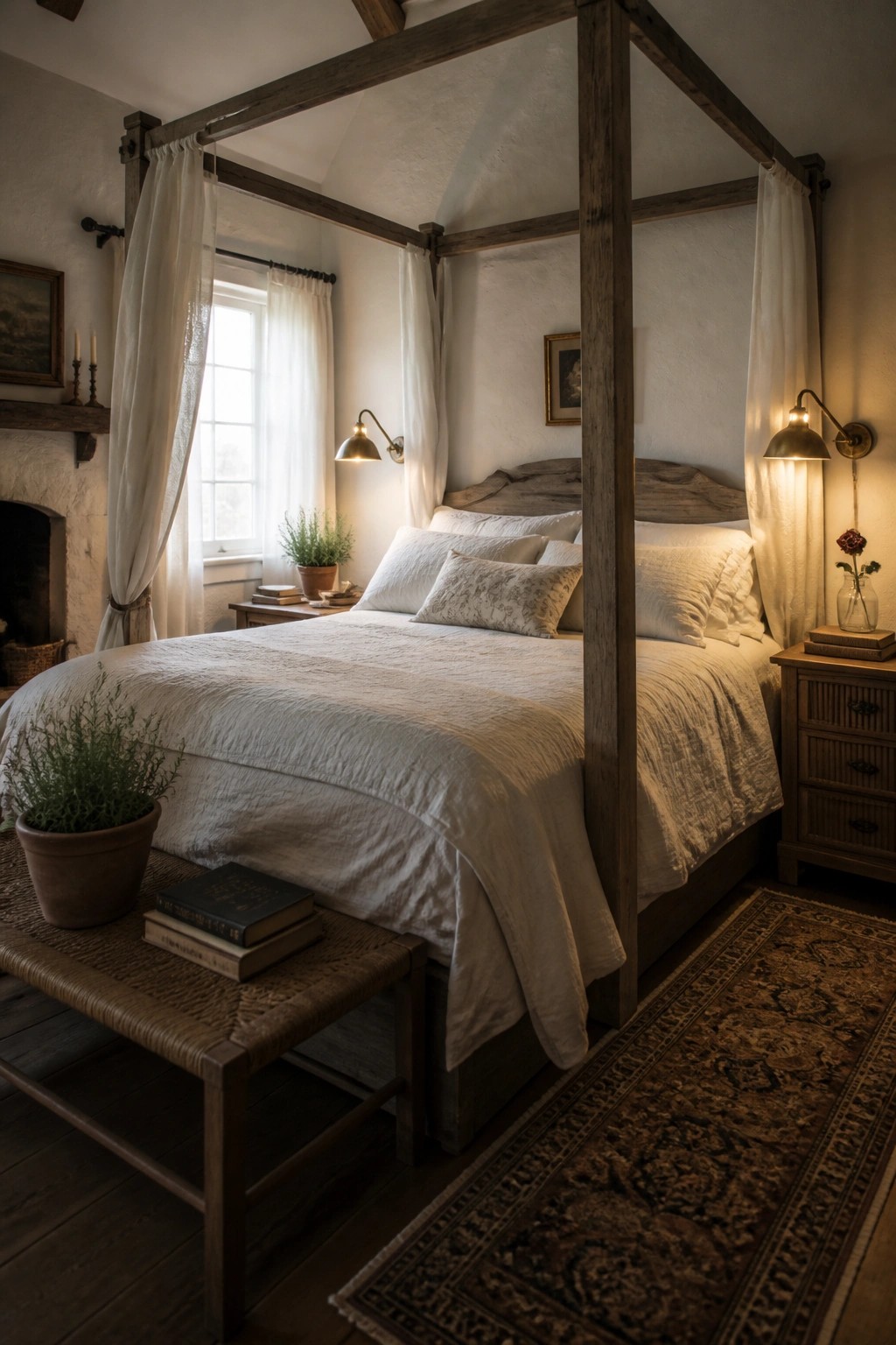A bedroom with a wooden four-poster bed draped in sheer white curtains, layered white bedding, wall sconces, and a patterned rug on the floor.