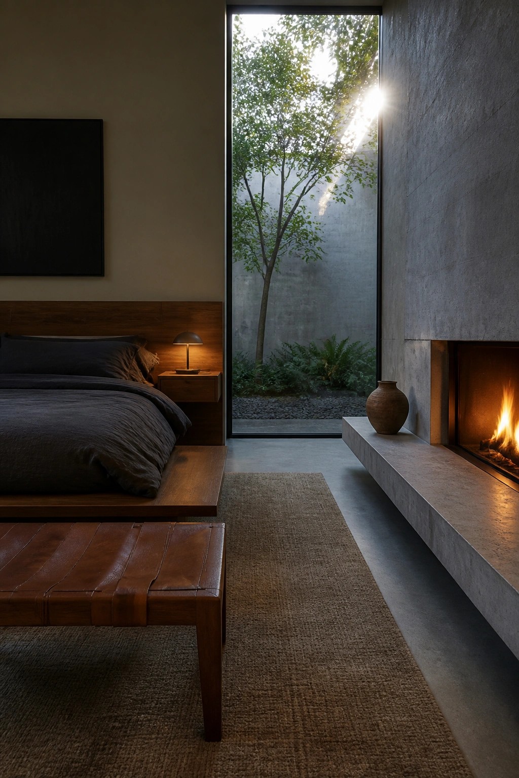 A bedroom interior with a wooden bed dressed in dark linens, a brown leather bench at the foot, a long concrete ledge holding a clay vase, and a lit fireplace set into a gray wall beside a tall glass door.