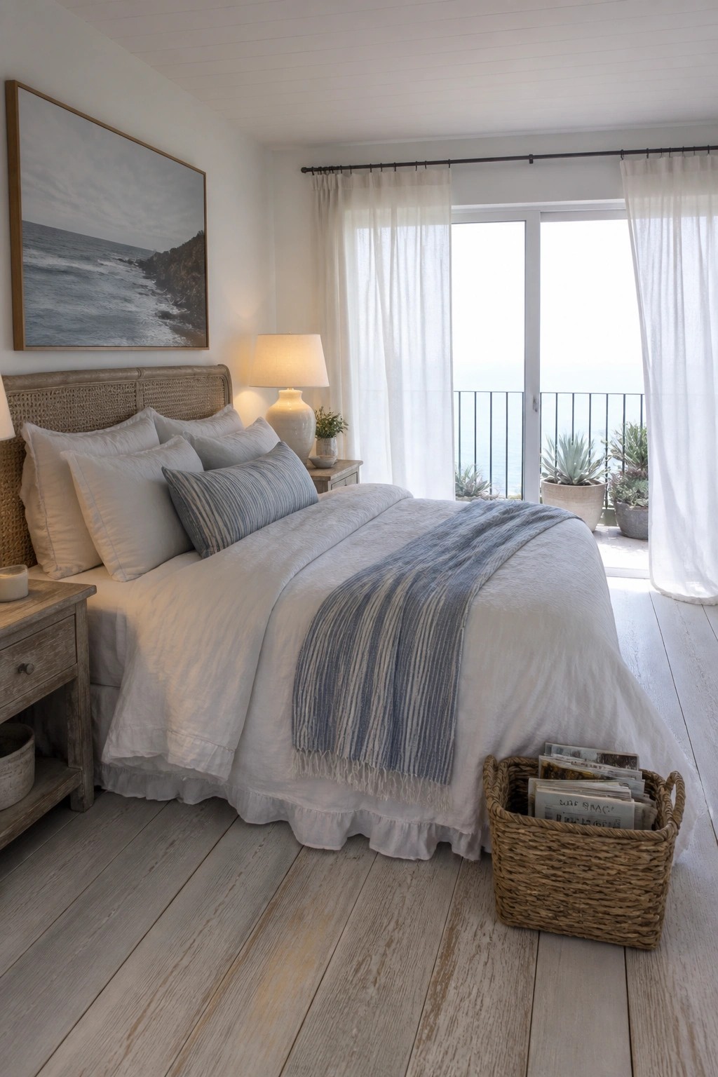 A bedroom with a large bed covered in white linens and a blue striped throw, flanked by wooden nightstands, with a large ocean view window and light wood floors.