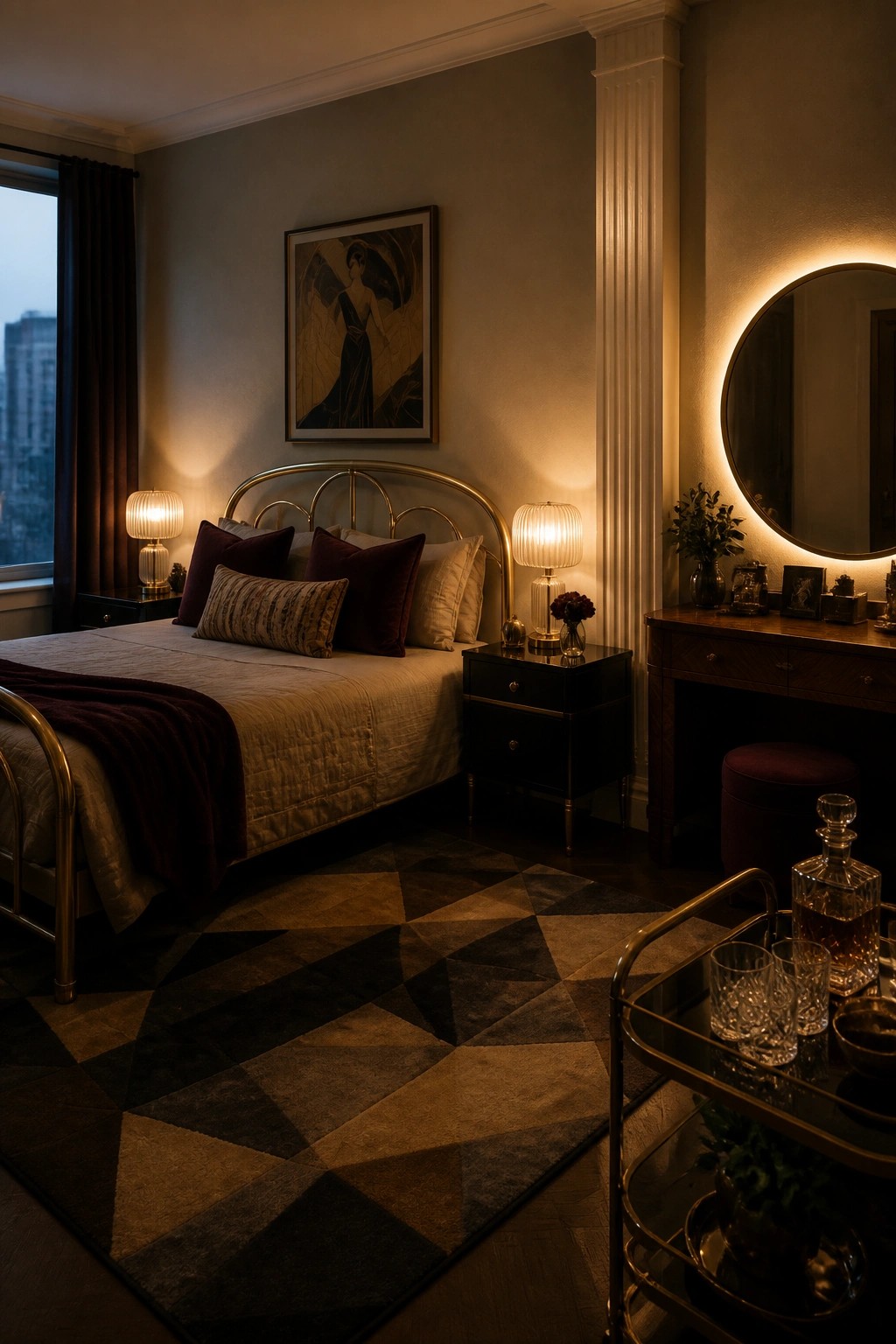 A bedroom with a brass bed, two bedside lamps with pleated shades, a round backlit mirror above a wooden vanity, and a geometric rug on the floor.