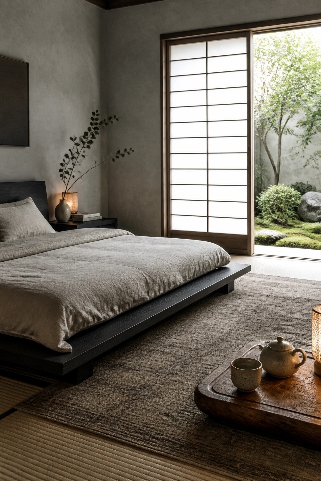 A minimalist bedroom featuring a low dark wood platform bed with gray linen bedding, a bedside vase with branches, shoji screen doors open to a garden, and a wooden tray with a teapot on a rug.