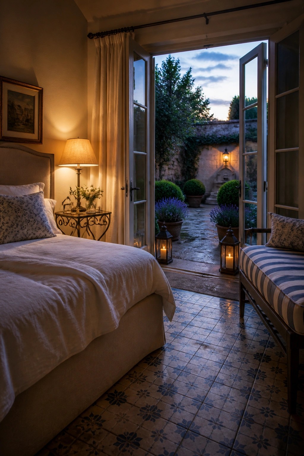 A bedroom interior with a bed, side table, and open French doors leading to a stone-tiled courtyard with potted plants and lanterns at dusk.