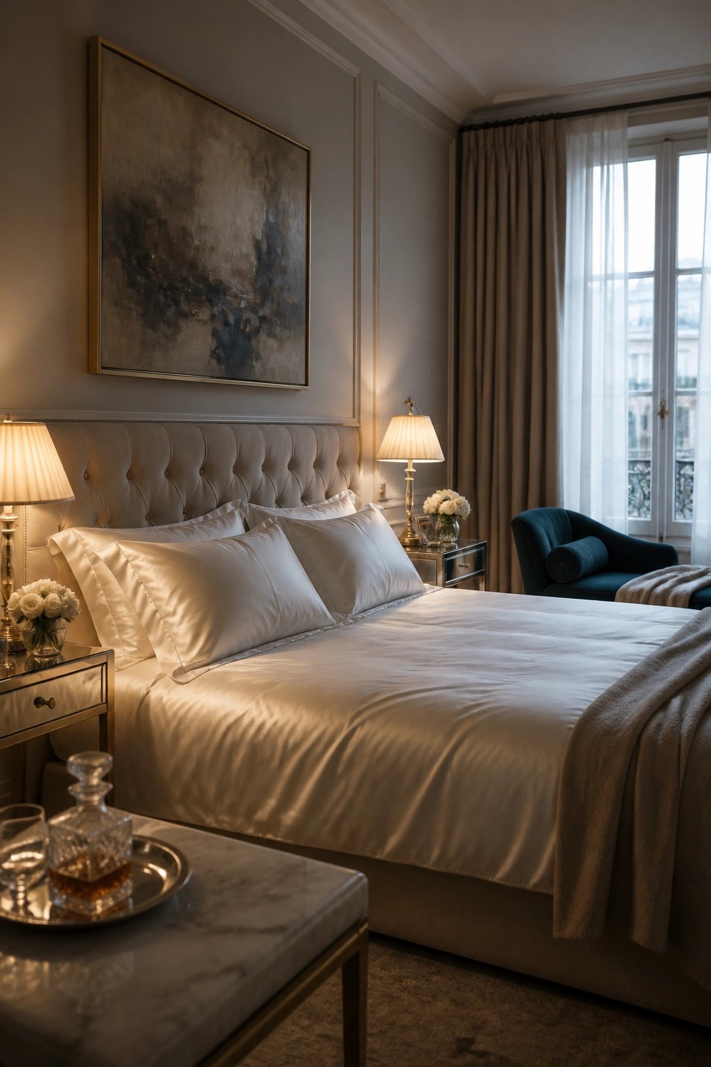 Luxurious bedroom with white bed linens, tufted headboard, abstract painting, and blue armchair.