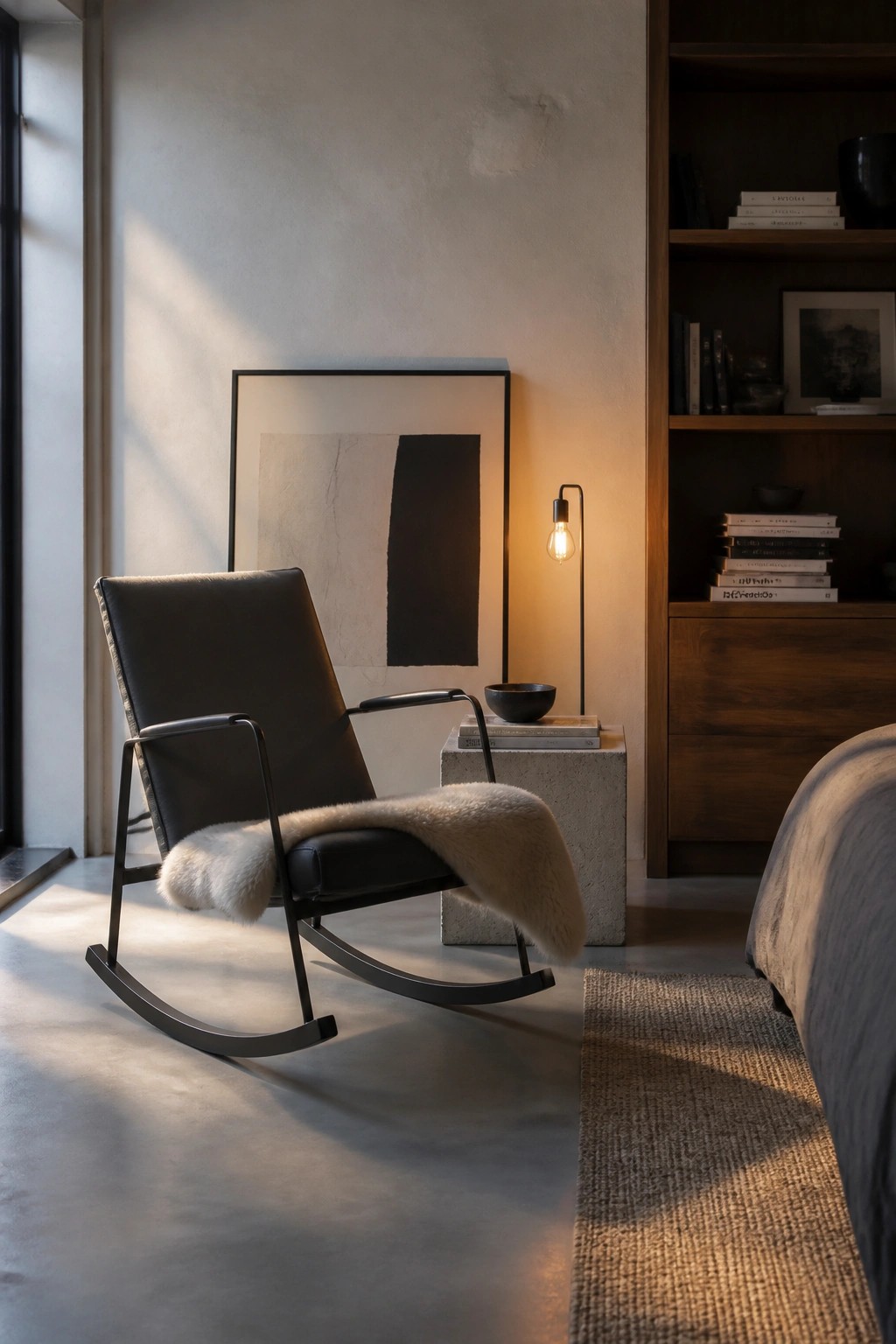 A modern black rocking chair with a light sheepskin throw is positioned on a concrete floor next to a small concrete table, a black floor lamp, and a large framed abstract artwork.