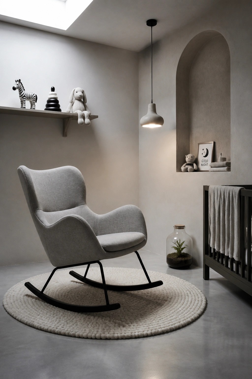 A gray upholstered rocking chair on a round rug in a minimalist nursery with a partial view of a crib and toys on a floating shelf.