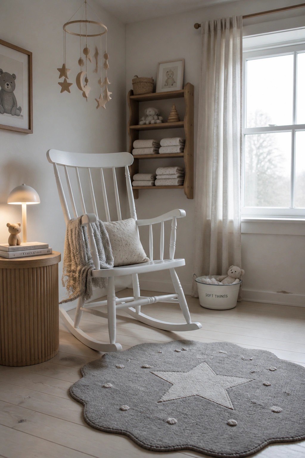 A white wooden rocking chair with a pillow and throw sits on a gray star-shaped rug in a neutral nursery with wooden shelves and a window.