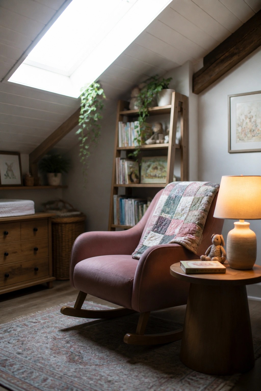 A pink upholstered rocking chair with a patchwork quilt sits on a rug beside a round wooden side table holding a lamp and book, with bookshelves and a skylight visible in the background.