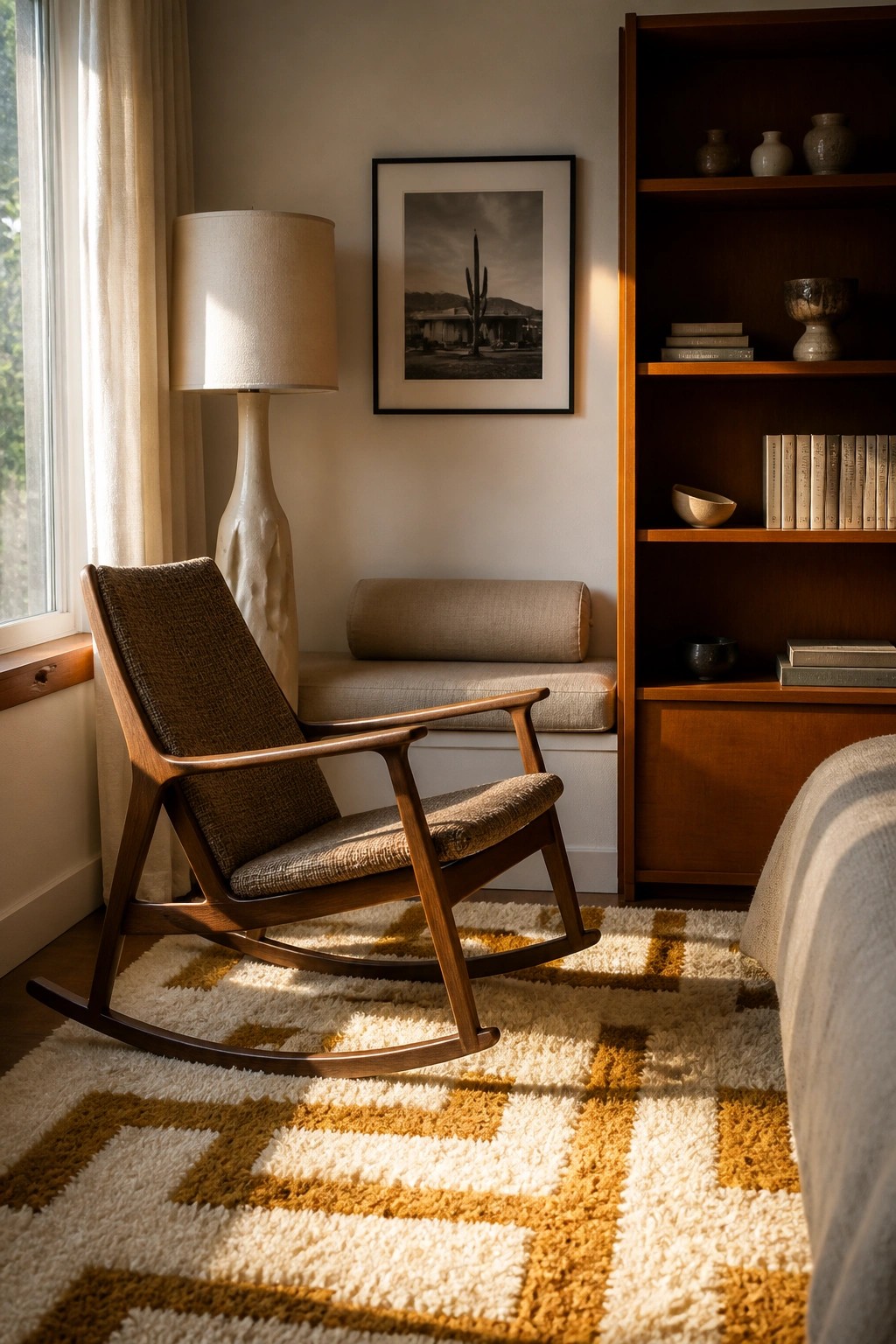 A wooden rocking chair with brown fabric sits on a white and mustard yellow geometric shag rug beside a tall floor lamp and wooden bookshelf.