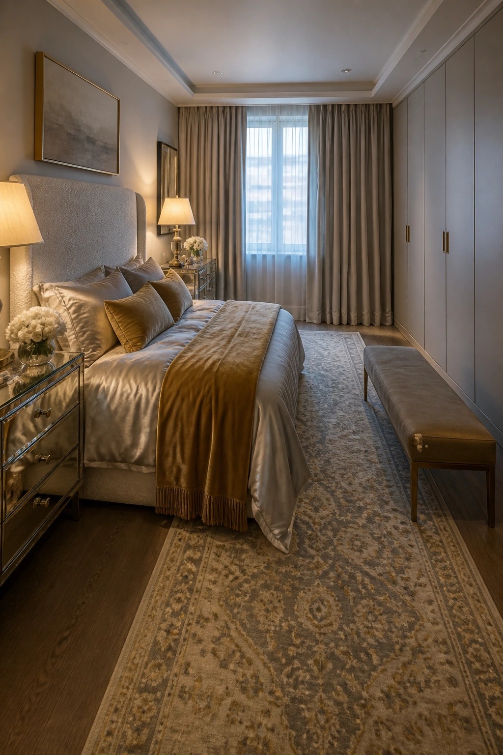 A calm master bedroom featuring a large upholstered bed centered between mirrored nightstands, with a long bench, patterned area rug, and built-in wardrobes along the right wall.