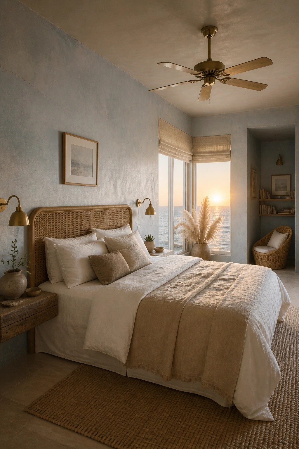 A calm bedroom with a bed centered against a textured wall, facing a large window with an ocean view at sunset, dressed in white and beige linens with a woven headboard and brass sconces.