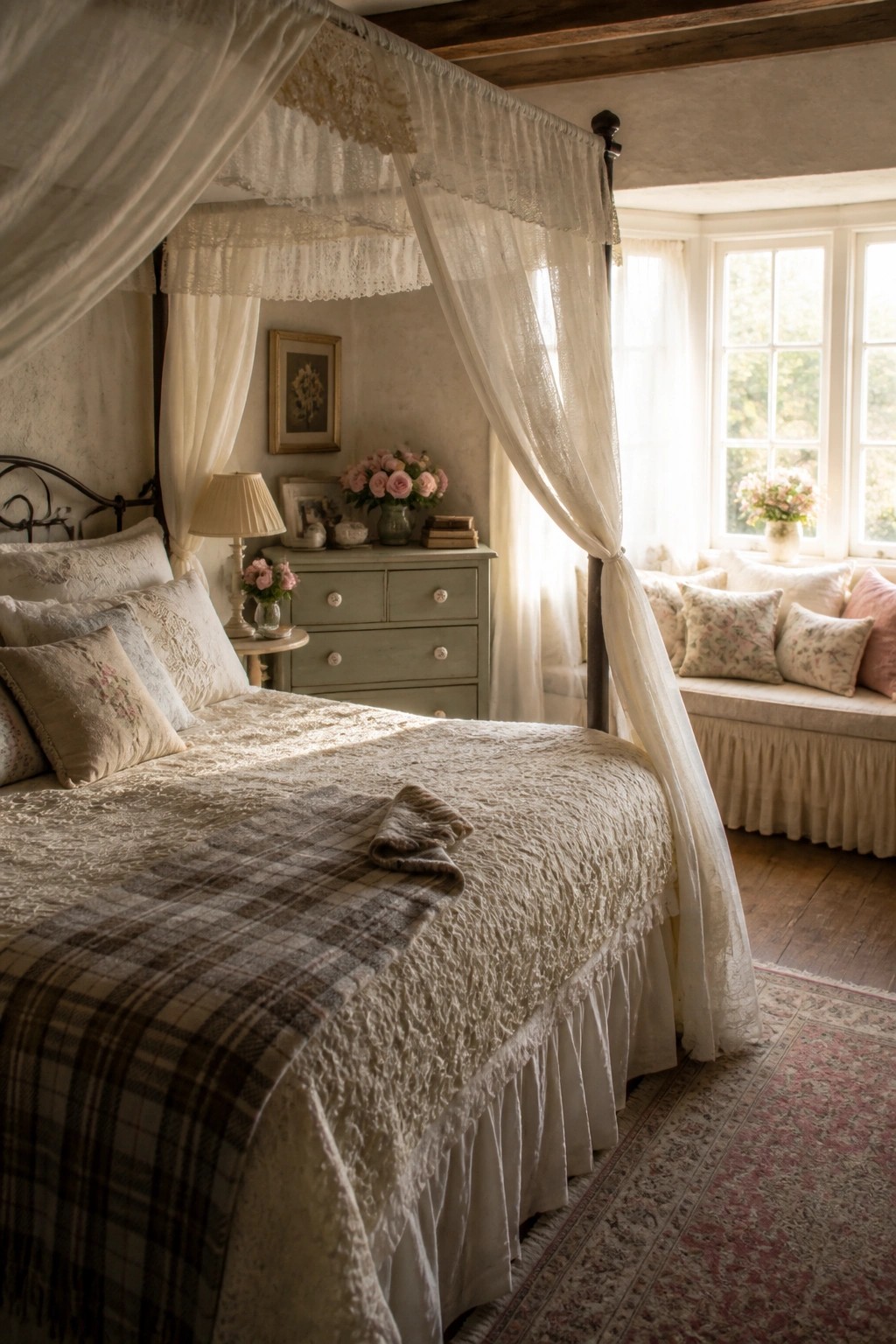 A bedroom with a four-poster bed draped in sheer white canopy curtains, a plaid blanket on the bed, and a window seat with pillows beside a green dresser.