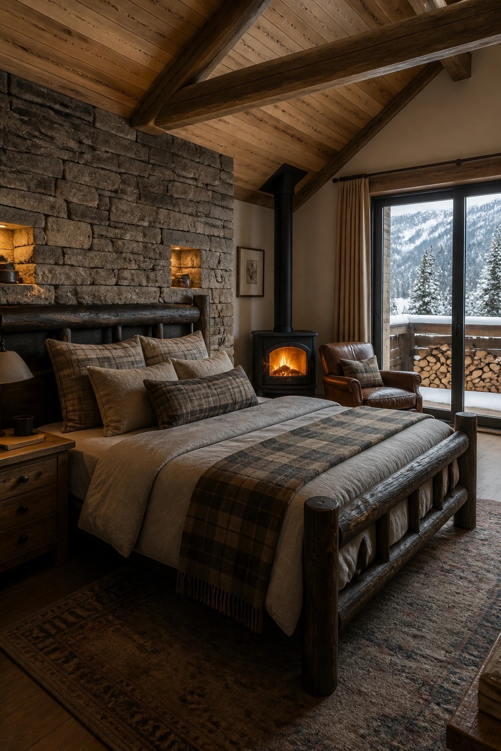 A rustic master bedroom featuring a wooden bed, stone accent wall with niches, and a wood-burning stove positioned near a large window with mountain views.