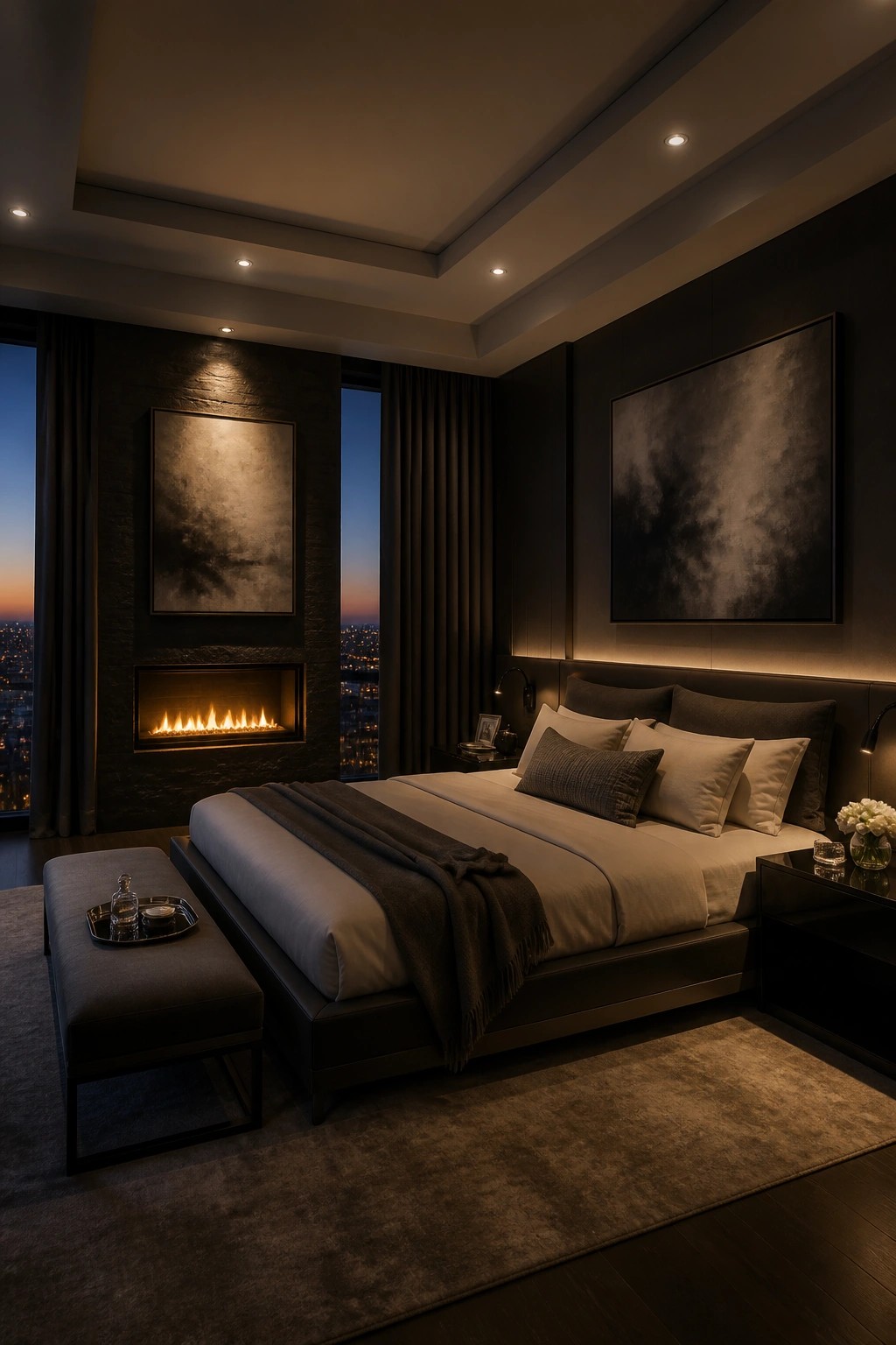 A dimly lit master bedroom featuring a built-in fireplace on a dark textured wall, a large bed with neutral linens, and abstract art above the headboard.