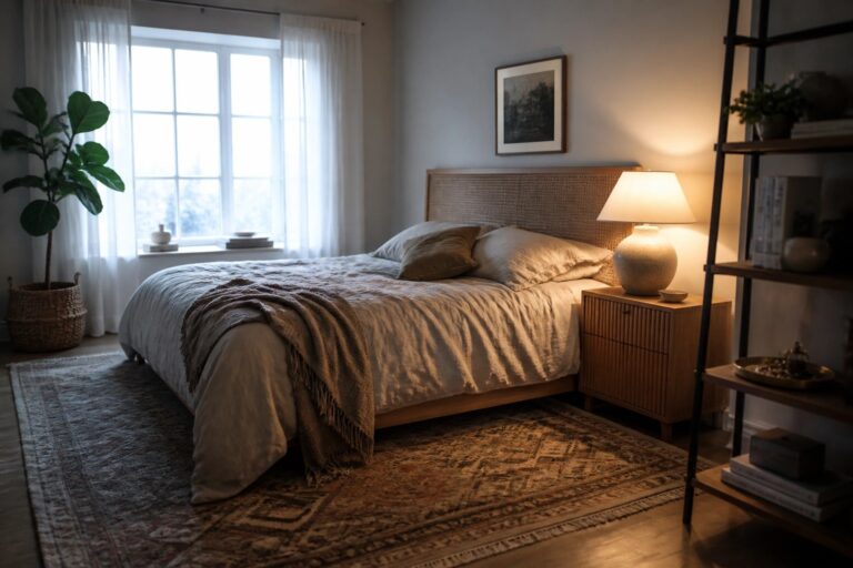 21 Cozy Master Bedroom Decor Ideas Designed for a Relaxing Nightly Retreat Cozy bedroom with beige bedding, rattan headboard, fiddle-leaf fig, and patterned rug