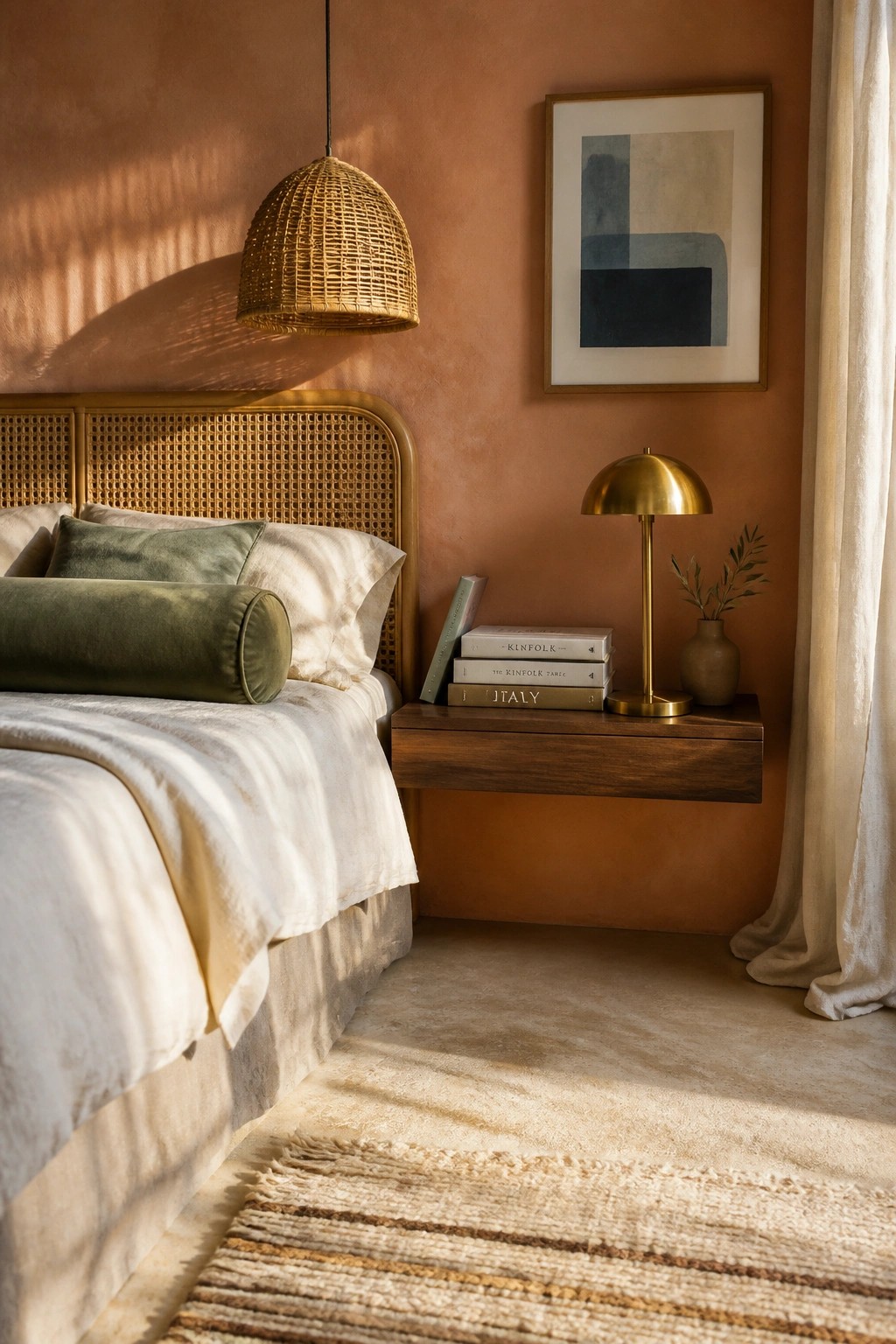 Cozy bedroom with terracotta walls, rattan bed, woven pendant light, and brass lamp.