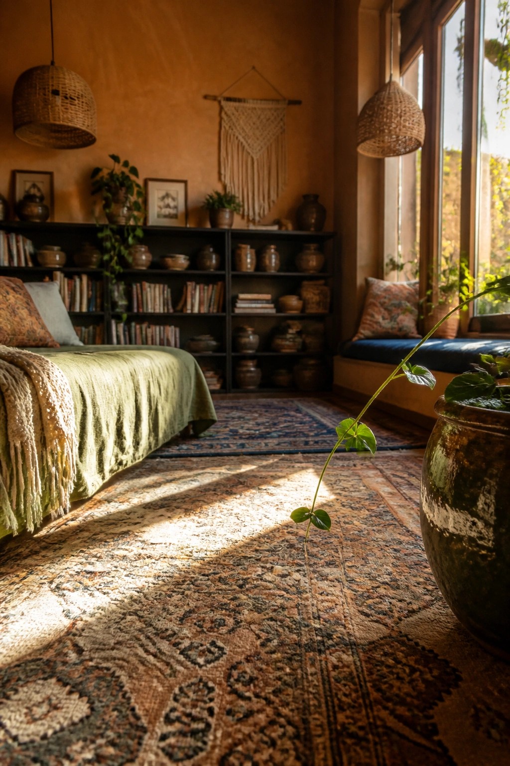A bedroom with sage green bedding on a low bed, clay colored walls, dark bookshelves filled with books and pottery, layered patterned rugs, and sunlight coming through large windows.