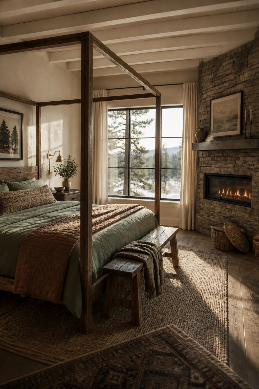 A bedroom with a wooden four-poster bed dressed in sage green bedding and a clay-colored throw, positioned near a stone fireplace with large windows in the background.