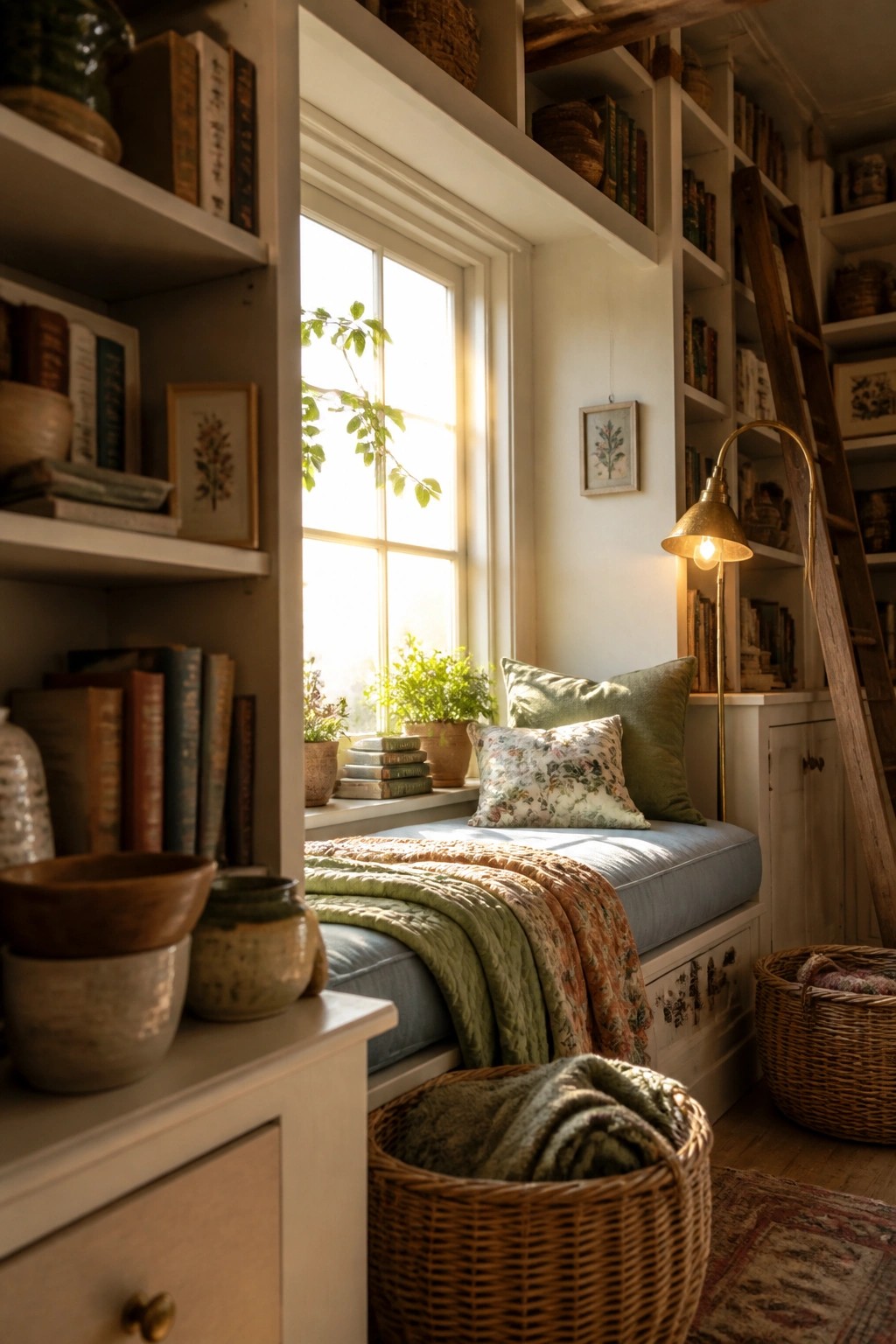 A bright bedroom reading nook with a built-in window seat, blue cushion, green and floral pillows, layered sage and clay blankets, white bookshelves, a brass floor lamp, and woven baskets on a wood floor.