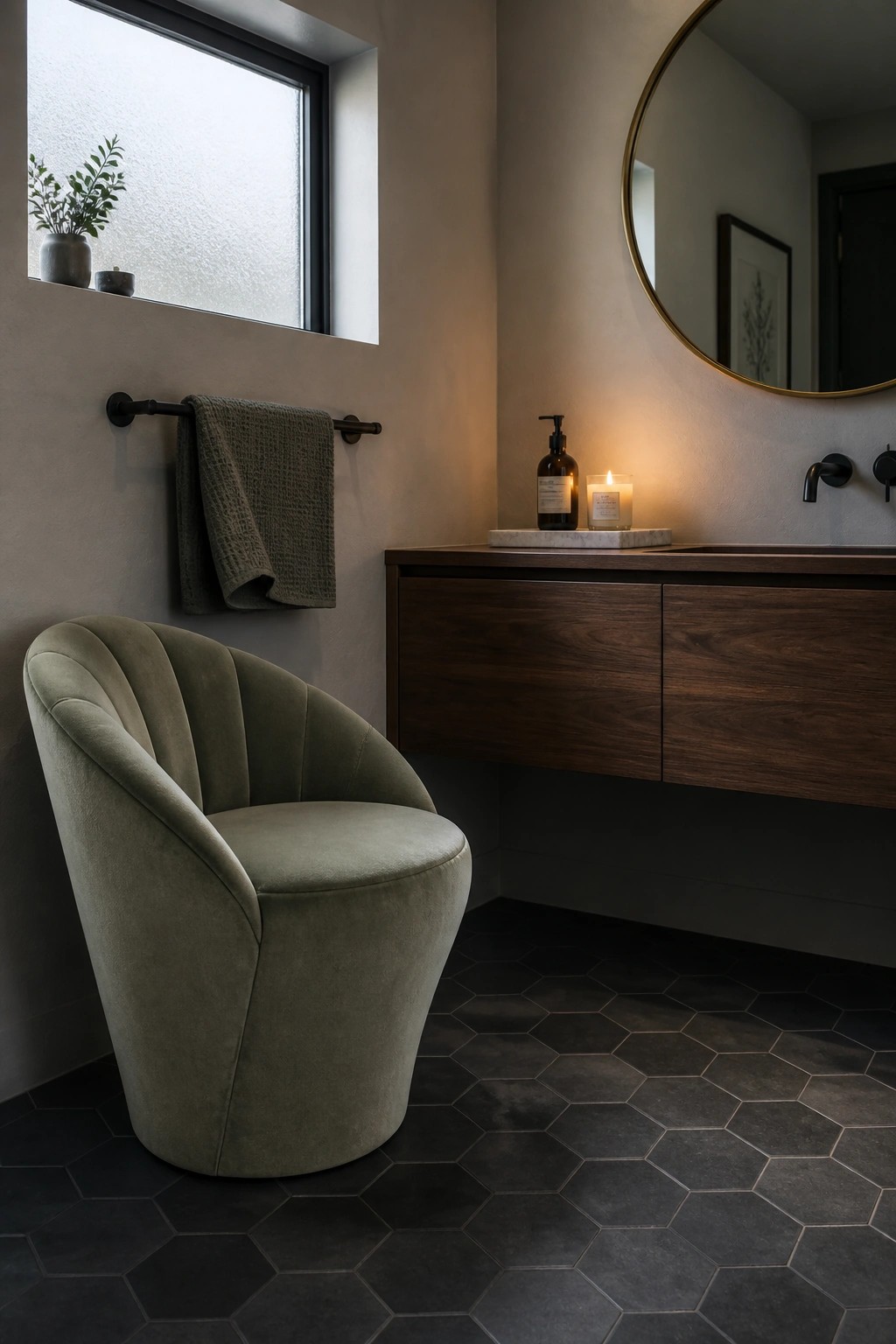A sage green upholstered chair sits on dark hexagonal floor tiles beside a floating wood vanity with a lit candle on the counter.