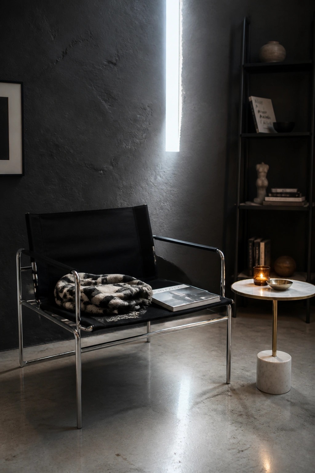 A modern chrome and black fabric armchair with a folded patterned throw and magazine resting on the seat in a dimly lit room.
