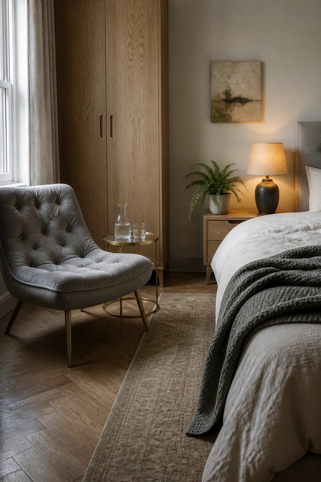 A gray tufted armchair with metal legs sits beside a small round table holding a glass carafe in a bedroom with a bed, wooden wardrobe, and area rug.