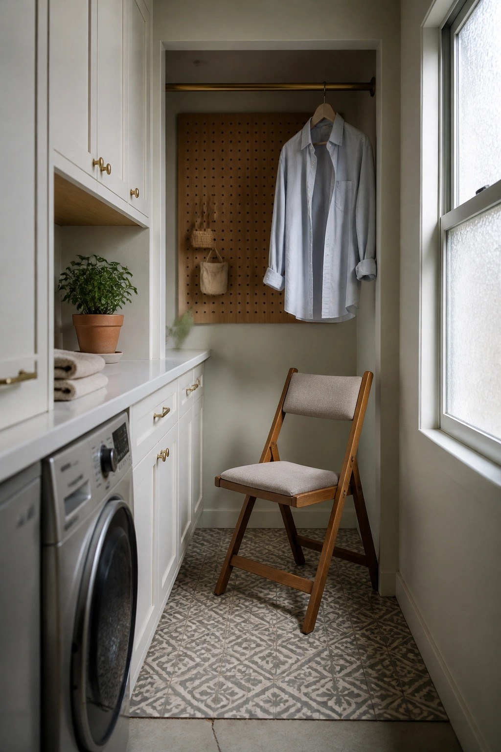 Laundry room with white cabinets, washer, wooden chair, pegboard, and hanging blue shirt.