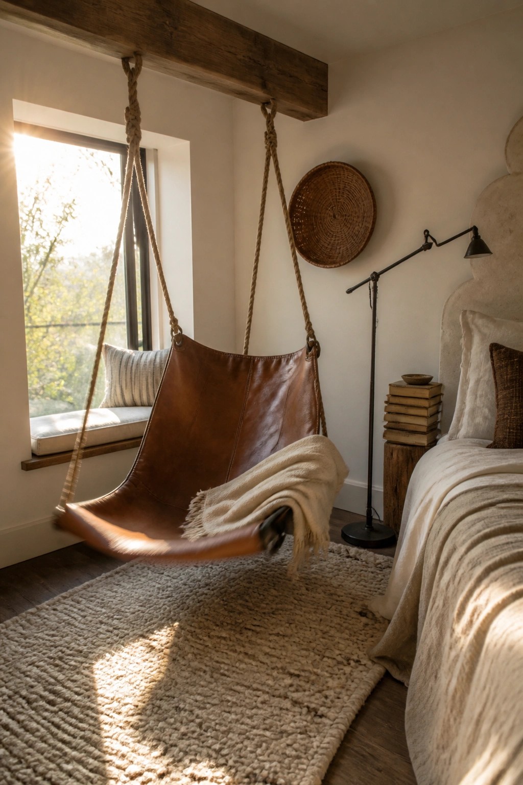 A brown leather hanging chair suspended by thick ropes from a wooden beam next to a window in a bedroom with a bed nearby.