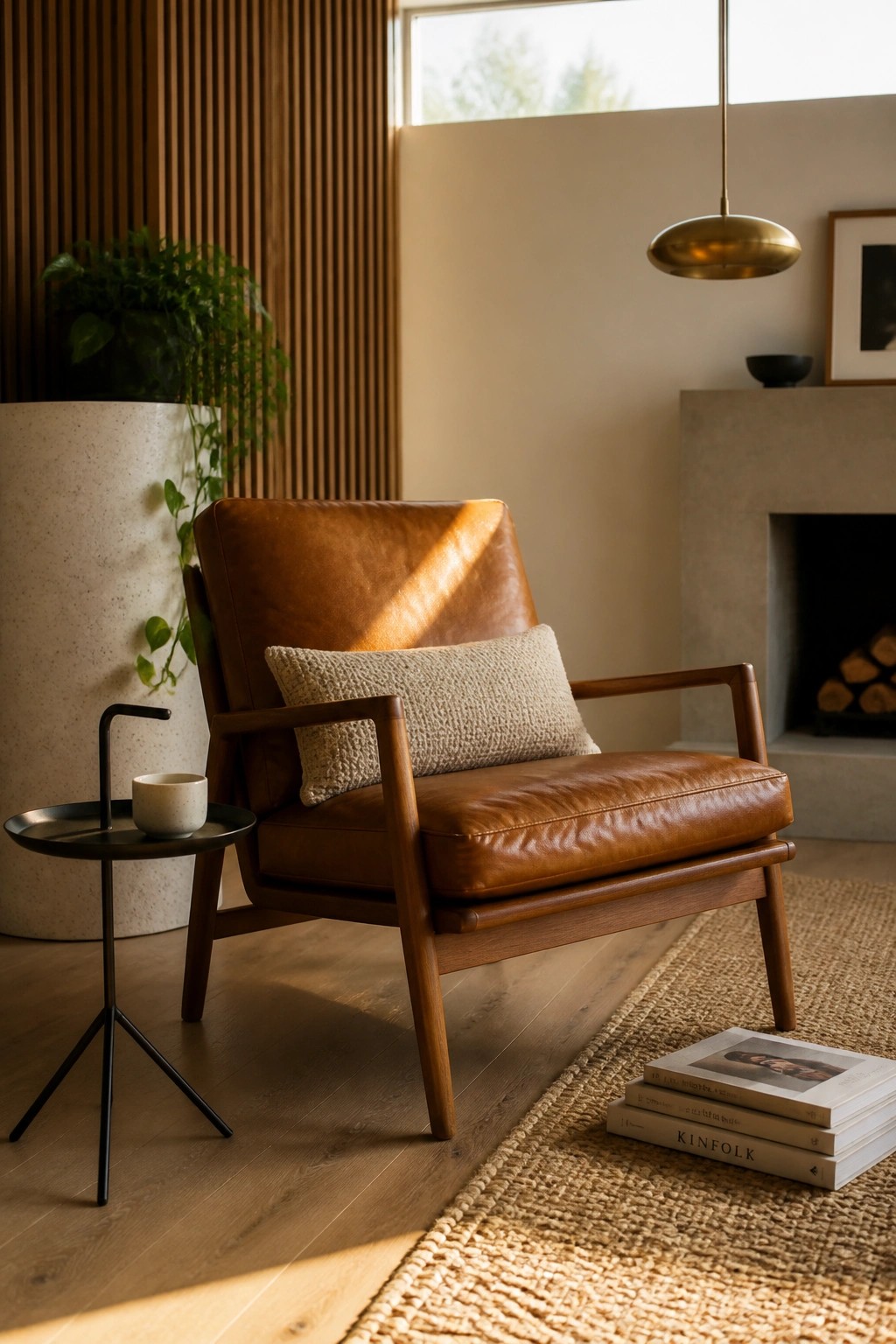 Brown leather armchair with pillow, side table, and books on jute rug in sunlit room