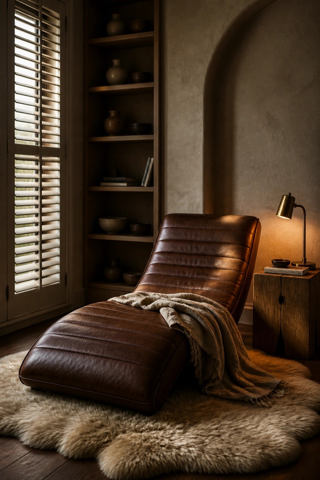 Brown leather chaise lounge with throw on fluffy rug beside lit lamp