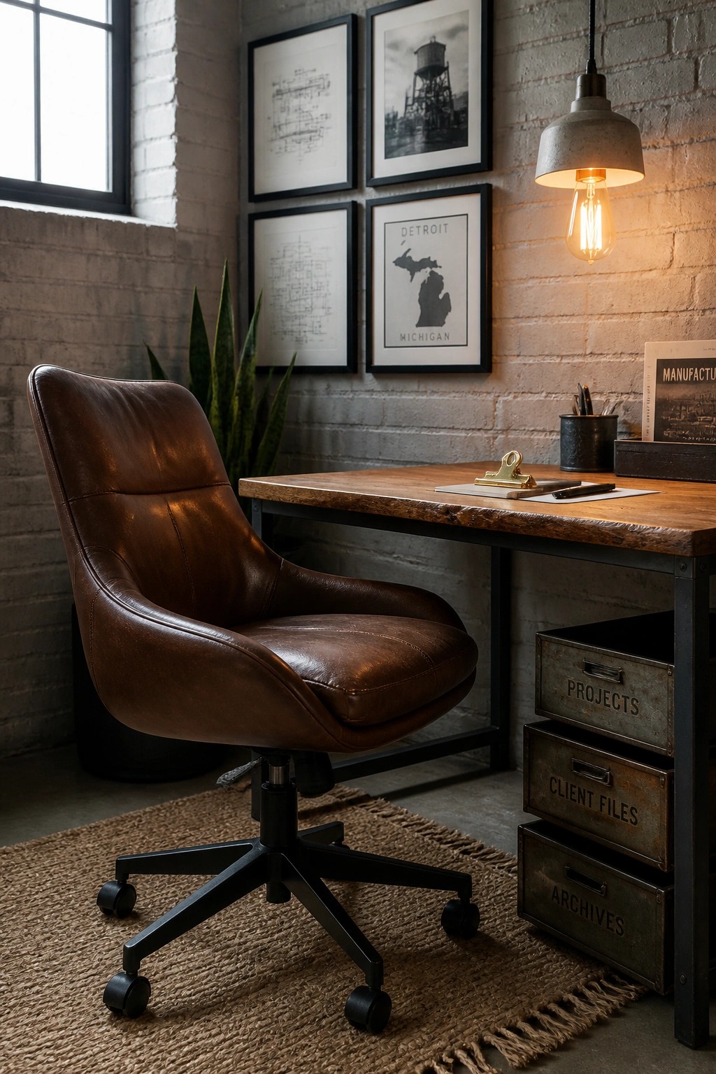 A brown leather swivel office chair at a wooden desk in a room with brick walls, framed art, and a pendant light.