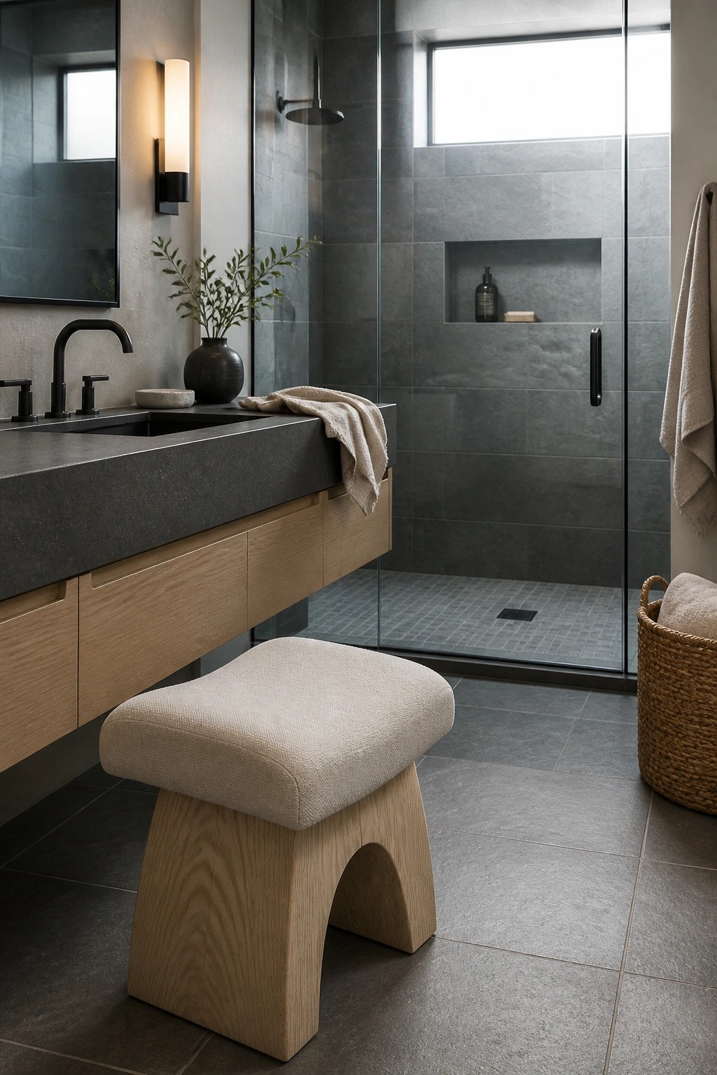 A modern bathroom with a floating dark stone vanity, light wood cabinets, black fixtures, a glass shower, and a low wooden stool with a beige upholstered seat in the foreground.