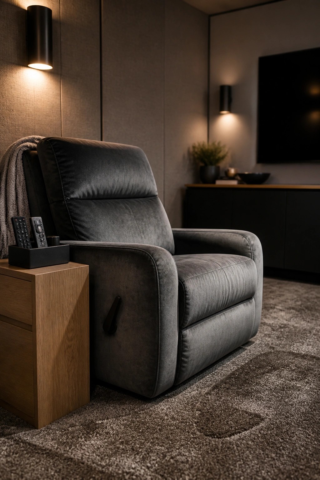 A dark gray modern recliner chair next to a wooden side table holding remote controls in a dimly lit living room.