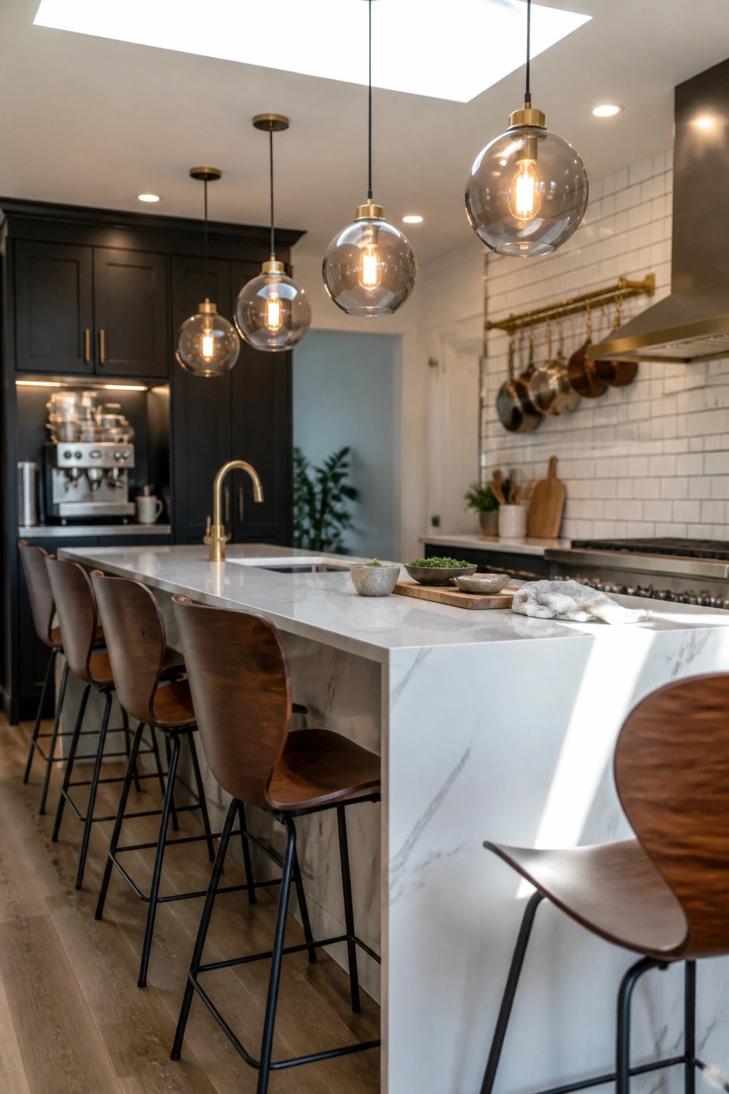A modern kitchen with a white marble island surrounded by wooden bar stools with black metal legs, glass pendant lights above, and dark cabinets in the background.