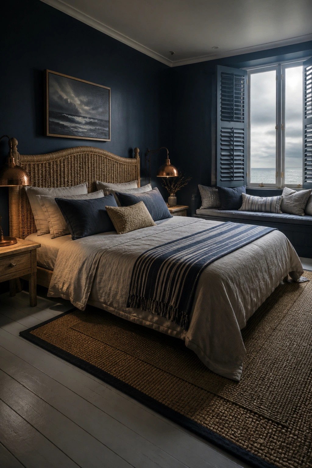 Cozy navy bedroom with wicker bed, striped linens, ocean window, and woven rug